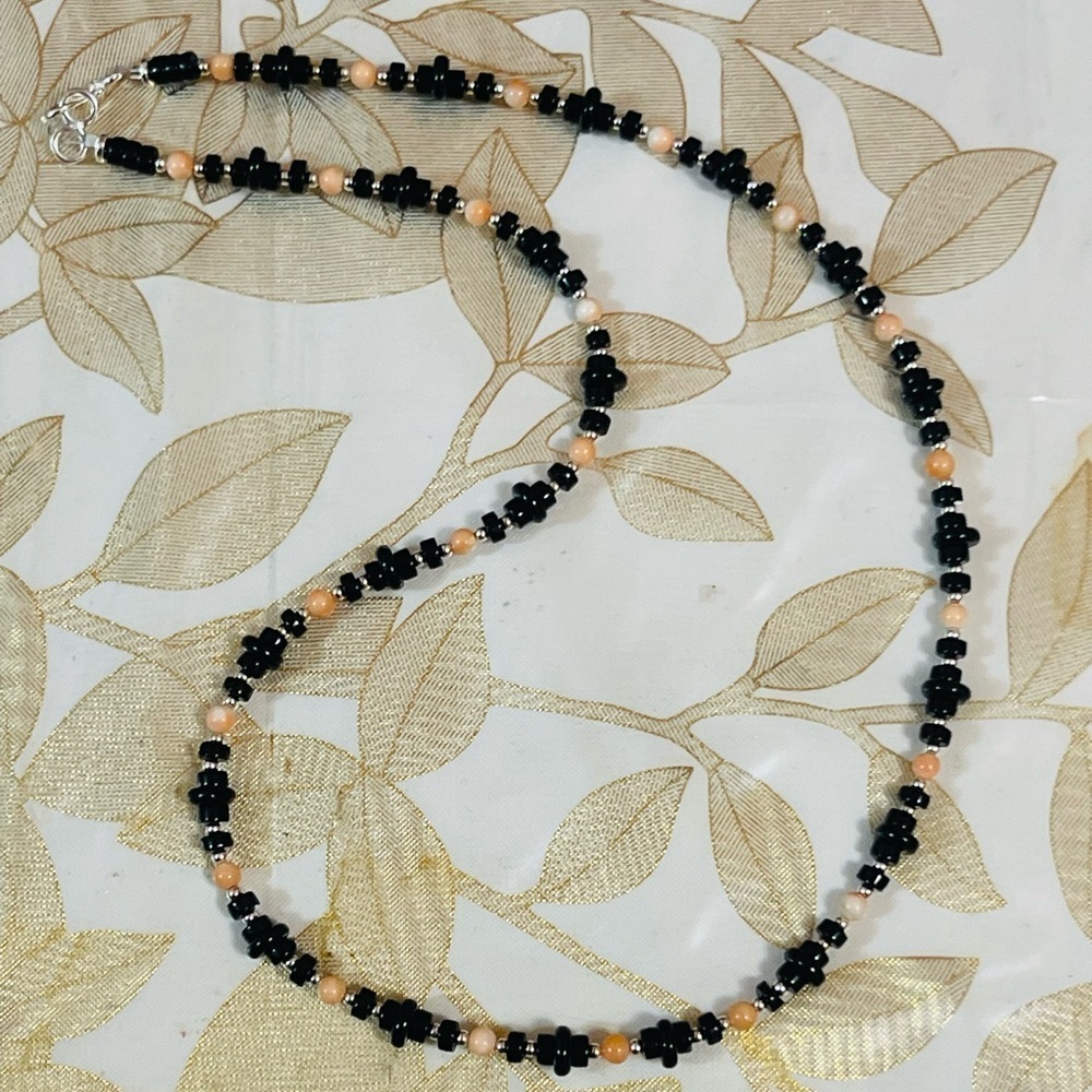 Southwest BLACK ONYX ANGEL SKIN CORAL BEADS NECKLACE Sterling Clasp SZ 19”
